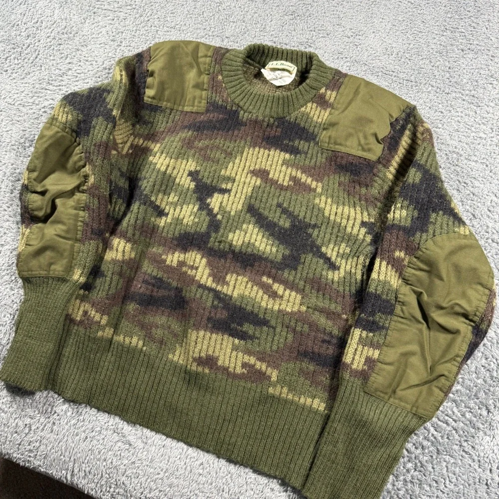 VTG LL Bean Commando Sweater Mens XLG Green Camo Wool Military Made in England - Picture 2 of 7